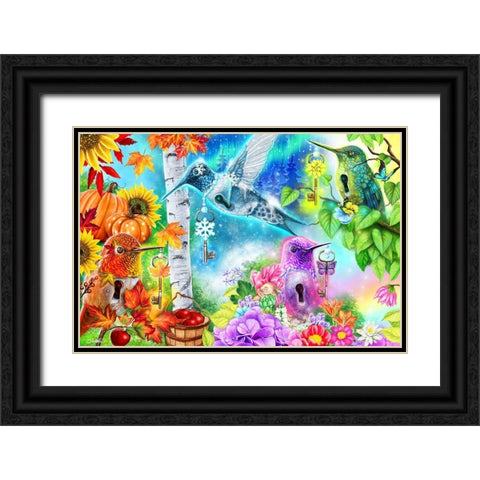 Changing Seasons Humming Birds Black Ornate Wood Framed Art Print with Double Matting by Sheena Pike Art