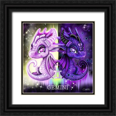 Zodiac Lil Dragonz Gemini Black Ornate Wood Framed Art Print with Double Matting by Sheena Pike Art
