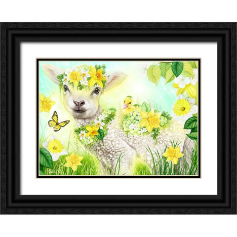 Sweet Daffodil Lamb Black Ornate Wood Framed Art Print with Double Matting by Sheena Pike Art
