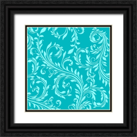Teal Aqua Damask Black Ornate Wood Framed Art Print with Double Matting by Lavoie, Tina