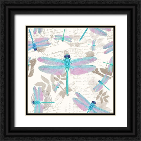Vintage Botanicals Dragonfly Pattern Aqua Black Ornate Wood Framed Art Print with Double Matting by Lavoie, Tina