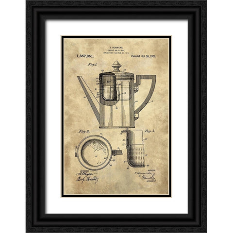 Coffee Or Tea Pot Blueprint - Industrial Farmhouse Black Ornate Wood Framed Art Print with Double Matting by Lavoie, Tina