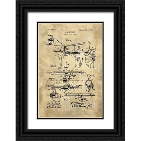 Horse Detacher Blueprint - Industrial Farmhouse Black Ornate Wood Framed Art Print with Double Matting by Lavoie, Tina