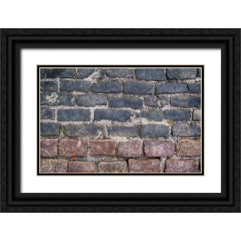 Old Montreal Bi-Color Cobblestone Street Black Ornate Wood Framed Art Print with Double Matting by Lavoie, Tina