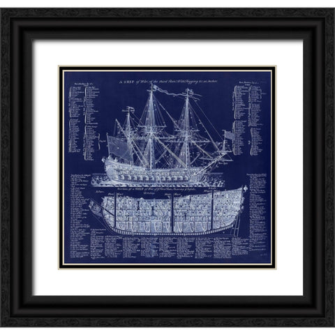 British War Ship Blueprint Black Ornate Wood Framed Art Print with Double Matting by Lavoie, Tina