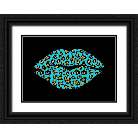 Aqua Leopard Lips Black Ornate Wood Framed Art Print with Double Matting by Lavoie, Tina