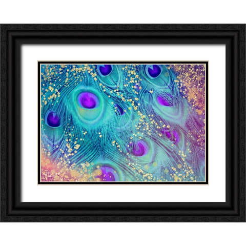 Aqua Rainbow Peacock Feathers Black Ornate Wood Framed Art Print with Double Matting by Lavoie, Tina