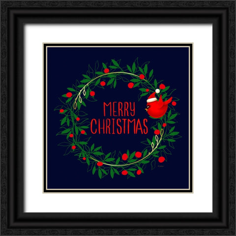 Merry Christmas Cardinal Wreath Black Ornate Wood Framed Art Print with Double Matting by Mitchell, Tina