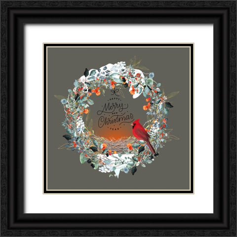 Merry Christmas Happy New Year Wreath Black Ornate Wood Framed Art Print with Double Matting by Mitchell, Tina