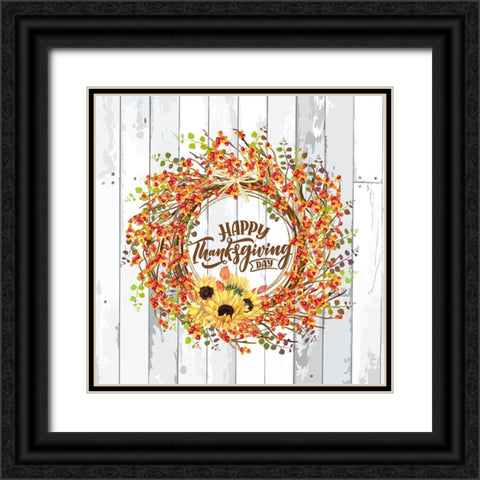 Happy Thanksgiving Bittersweet Wreath Black Ornate Wood Framed Art Print with Double Matting by Mitchell, Tina