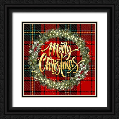 Merry Christmas Golden Wreath Black Ornate Wood Framed Art Print with Double Matting by Mitchell, Tina