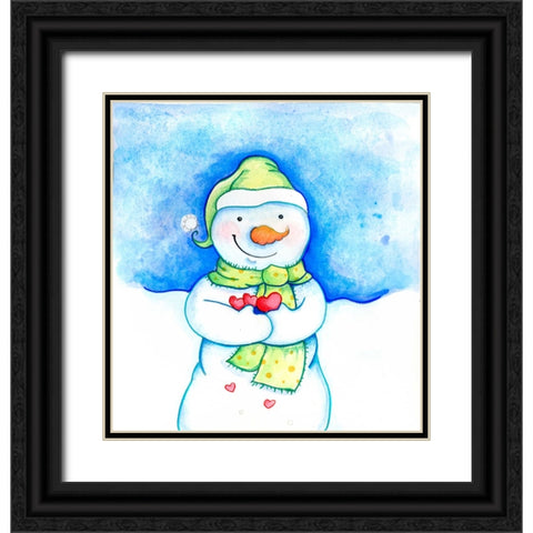 Snowman Holding Hearts Black Ornate Wood Framed Art Print with Double Matting by Wade, Valarie