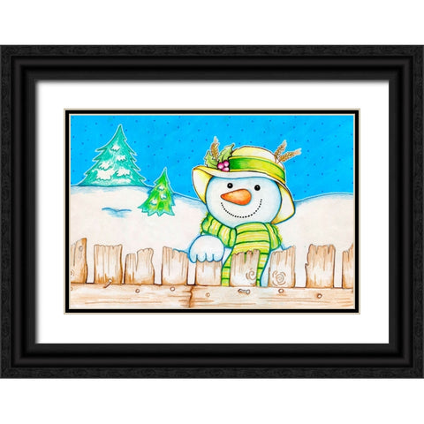 Snowman Fence Black Ornate Wood Framed Art Print with Double Matting by Wade, Valarie