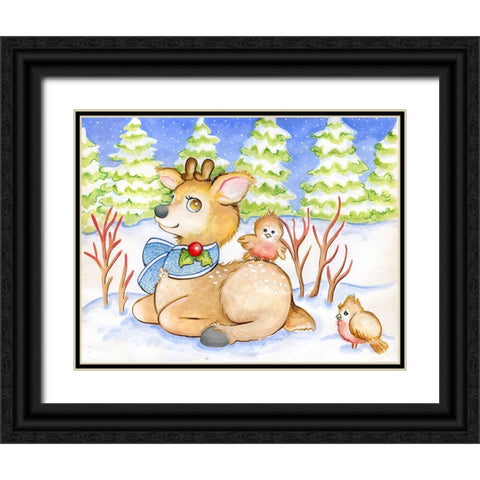 Winter Friends Black Ornate Wood Framed Art Print with Double Matting by Wade, Valarie