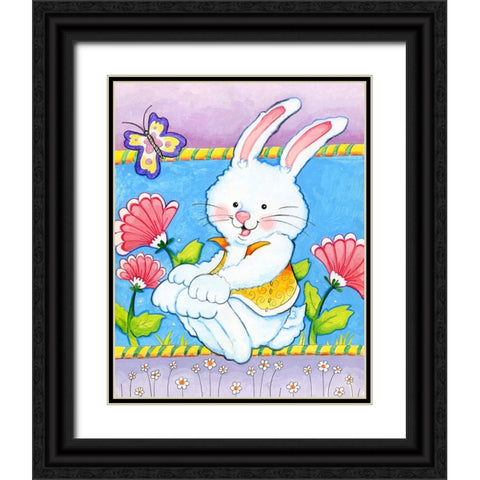 Bunny and Flowers Black Ornate Wood Framed Art Print with Double Matting by Wade, Valarie