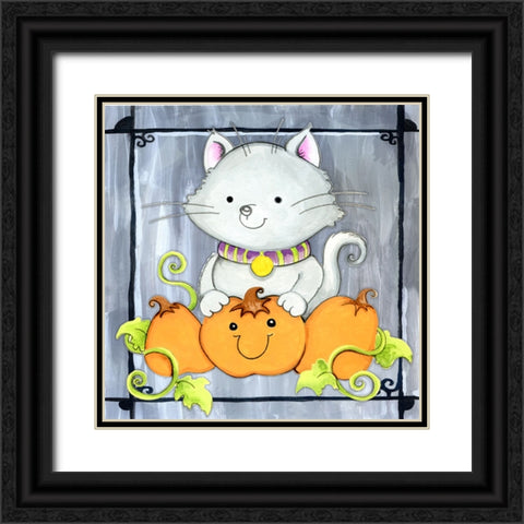 Pumpkins and Kitty 1 Black Ornate Wood Framed Art Print with Double Matting by Wade, Valarie
