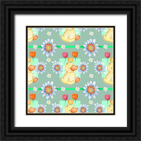 Duckie And Blue Flower Black Ornate Wood Framed Art Print with Double Matting by Wade, Valarie