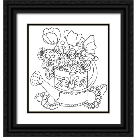 Watering Can Line Art Black Ornate Wood Framed Art Print with Double Matting by Wade, Valarie