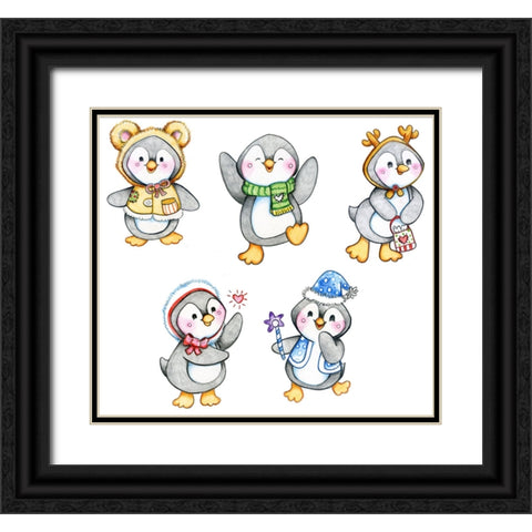 Peguin Friends Black Ornate Wood Framed Art Print with Double Matting by Wade, Valarie