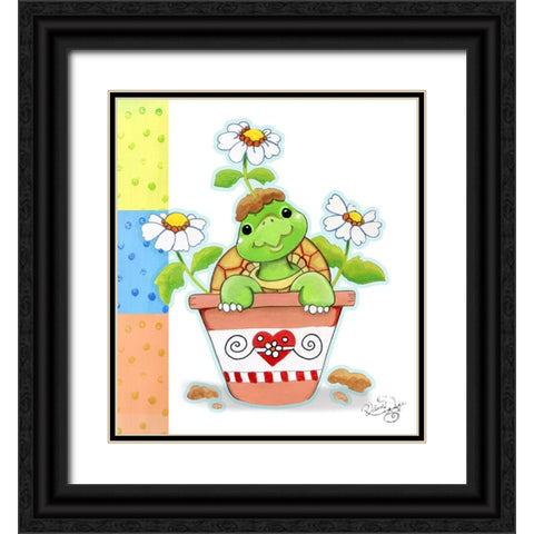 Flower Pot Turtle Black Ornate Wood Framed Art Print with Double Matting by Wade, Valarie