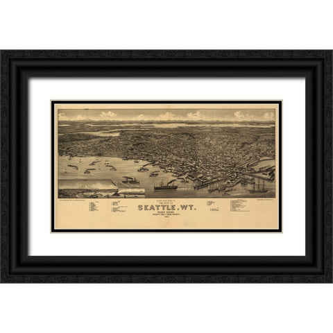 Seattle Black Ornate Wood Framed Art Print with Double Matting by Vintage Apple Collection