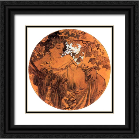 Mucha Autumn Medallion Black Ornate Wood Framed Art Print with Double Matting by Vintage Apple Collection