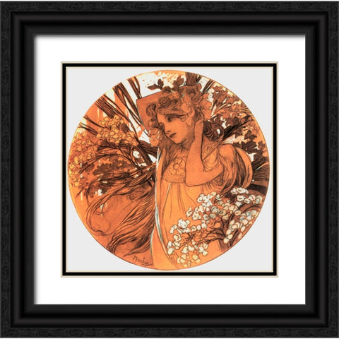 Mucha Spring Medallion Black Ornate Wood Framed Art Print with Double Matting by Vintage Apple Collection