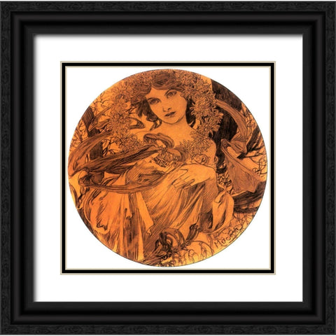 Mucha Summer Medallion Black Ornate Wood Framed Art Print with Double Matting by Vintage Apple Collection