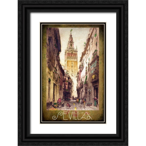 Sevilla Street Scene Black Ornate Wood Framed Art Print with Double Matting by Vintage Apple Collection