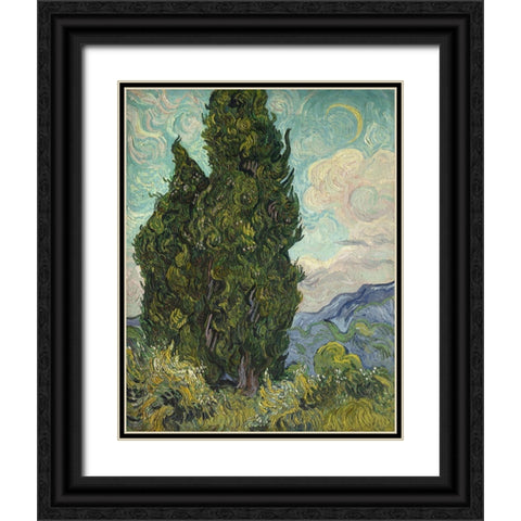 Van Gogh-Cypresses Black Ornate Wood Framed Art Print with Double Matting by Vintage Apple Collection