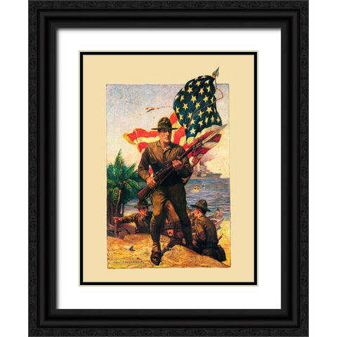 Mural Flag Marines Black Ornate Wood Framed Art Print with Double Matting by Vintage Apple Collection
