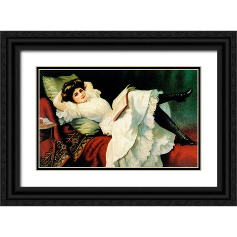 Beautiful Girl Laying On Couch Black Ornate Wood Framed Art Print with Double Matting by Vintage Apple Collection