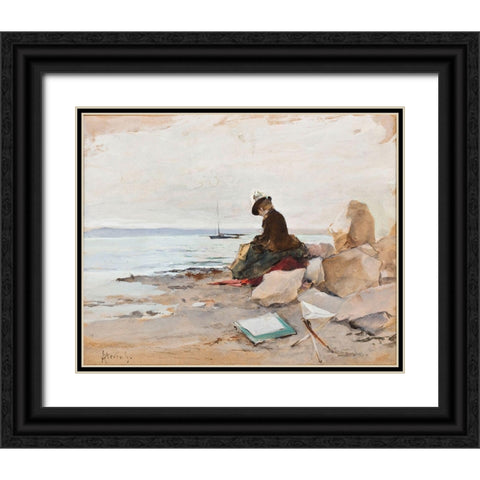 Albert Stevens - Painter At The Beach Black Ornate Wood Framed Art Print with Double Matting by Vintage Apple Collection