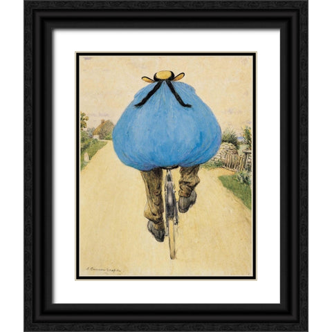 Blue Bicycle Rider Black Ornate Wood Framed Art Print with Double Matting by Vintage Apple Collection