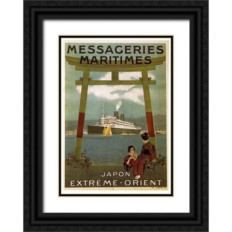 Messageries Japon Black Ornate Wood Framed Art Print with Double Matting by Vintage Apple Collection