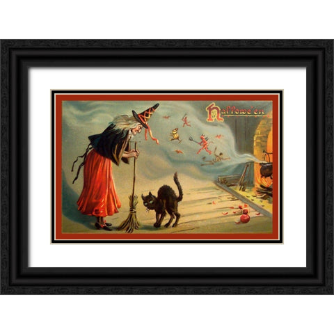 Halloween Witch And Cat.tif Black Ornate Wood Framed Art Print with Double Matting by Vintage Apple Collection