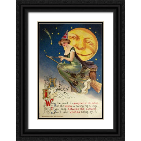 Halloween Witch Greendress Moon.tif Black Ornate Wood Framed Art Print with Double Matting by Vintage Apple Collection