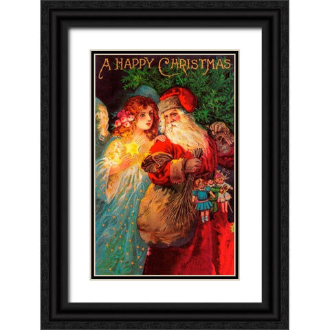 Happy Christmas Black Ornate Wood Framed Art Print with Double Matting by Vintage Apple Collection