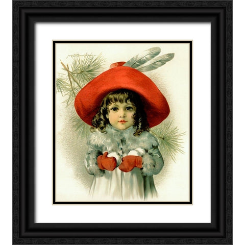 Xmas Girl With Snowballs Black Ornate Wood Framed Art Print with Double Matting by Vintage Apple Collection