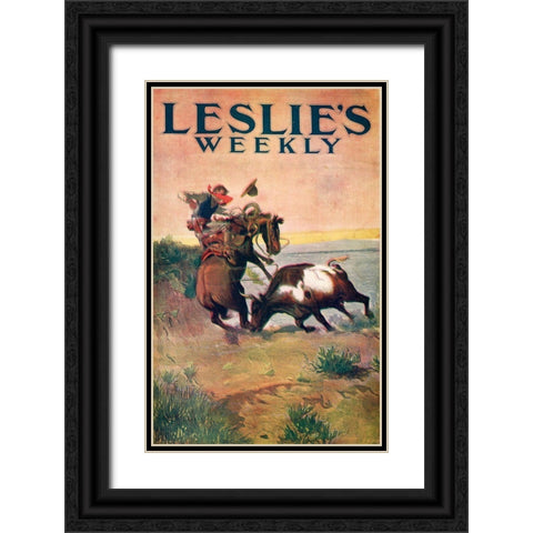 Charles Marion Russell - Leslies Weekly Black Ornate Wood Framed Art Print with Double Matting by Vintage Apple Collection