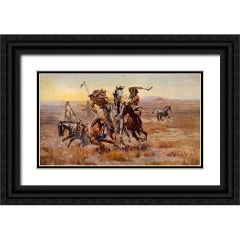 Charles Marion Russell - Souix Blackfeet Black Ornate Wood Framed Art Print with Double Matting by Vintage Apple Collection
