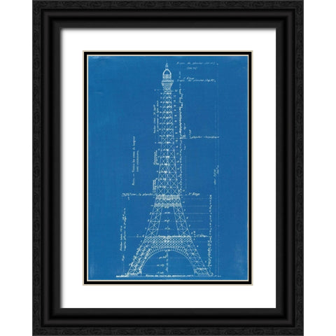 Eiffel Tower Blueprint Black Ornate Wood Framed Art Print with Double Matting by Vintage Apple Collection