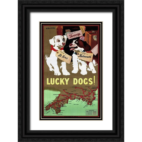 Lucky Dogs Black Ornate Wood Framed Art Print with Double Matting by Vintage Apple Collection