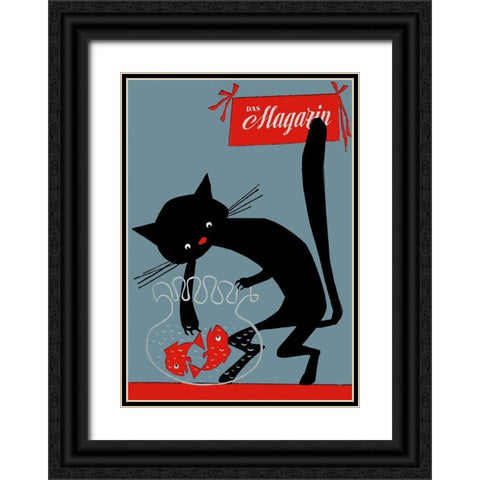 Black Cat And Fish Bowl Black Ornate Wood Framed Art Print with Double Matting by Vintage Apple Collection