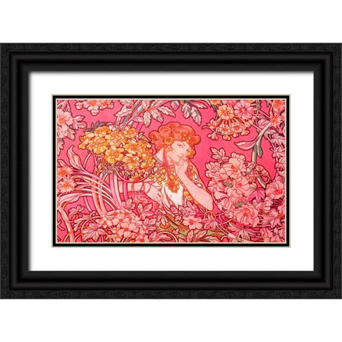 Mucha Woman Among Flowers Arch Vers Black Ornate Wood Framed Art Print with Double Matting by Vintage Apple Collection