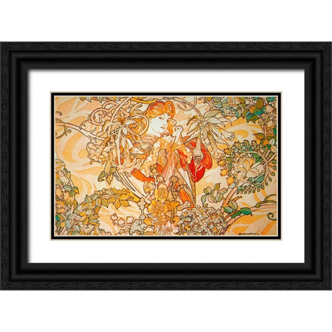 Mucha Woman With Daisy Archival Vers Black Ornate Wood Framed Art Print with Double Matting by Vintage Apple Collection