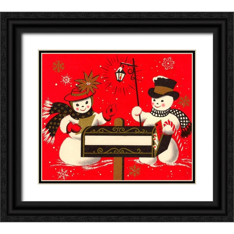 Vintage Christmas Snowmen Black Ornate Wood Framed Art Print with Double Matting by Vintage Apple Collection