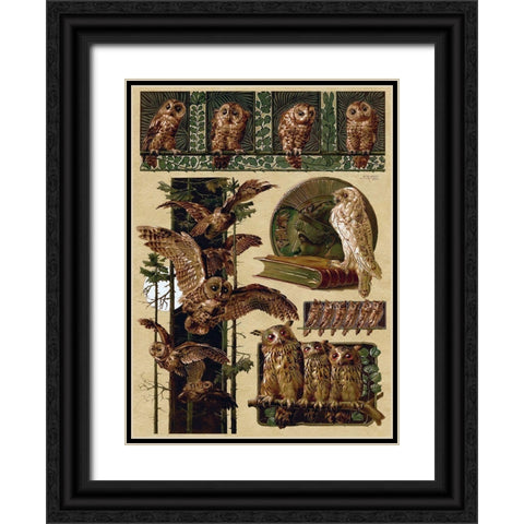 Owls Black Ornate Wood Framed Art Print with Double Matting by Vintage Apple Collection