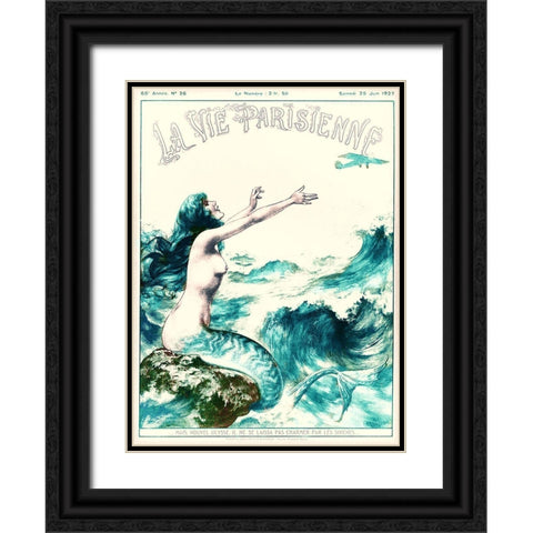 Vintage Mermaid Black Ornate Wood Framed Art Print with Double Matting by Vintage Apple Collection