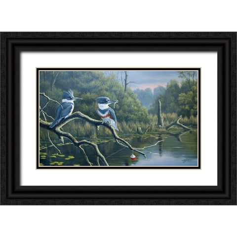 Fishermans Luck, Belted Kingfishers Black Ornate Wood Framed Art Print with Double Matting by Goebel, Wilhelm